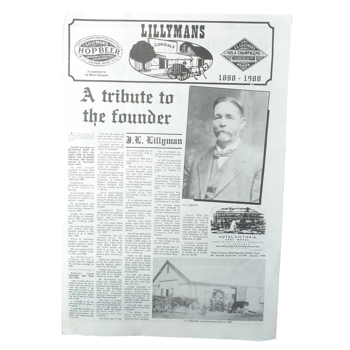 Newspaper supplement. Lillyman's Moree 1898 - 1988. History, Bottles etc.