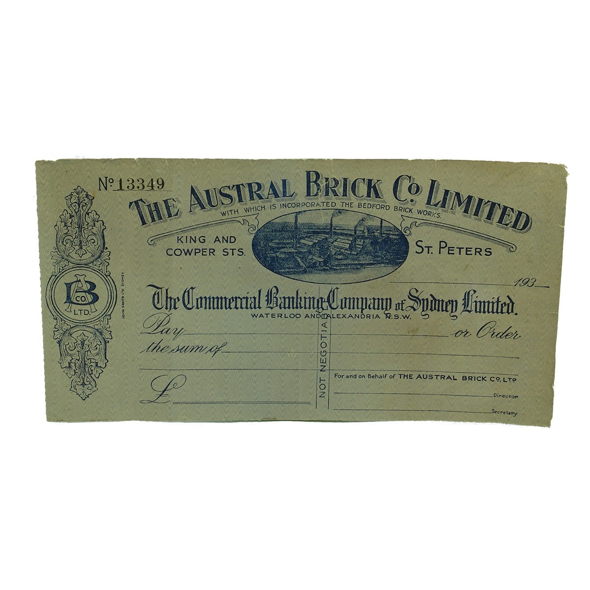 Ephemera. The Austral Brick Co Limited, St. Peters, Commercial Banking Company of Sydney Limited, Waterloo and Alexandria Blank Cheque. (New South Wales)