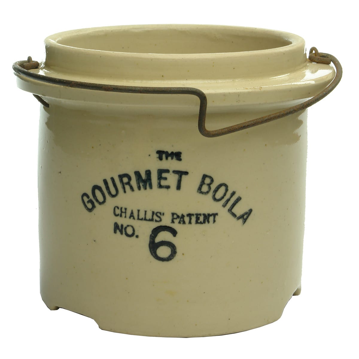 Stoneware Cooking pot. The Gourmet Boila. Challis' Patent. No 6. With fancy bent wire handle.