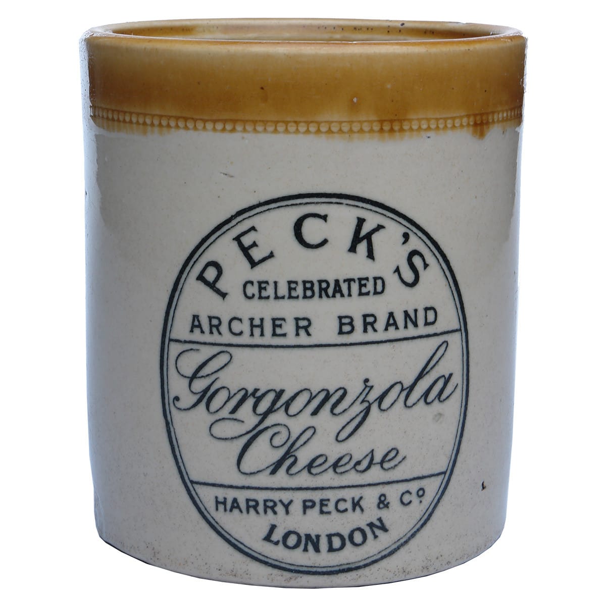 Jar. Peck's Archer Brand Gorgonzola Cheese, Harry Peck & Co., London. Cheese. Tan Top. Black Print. (United Kingdom)