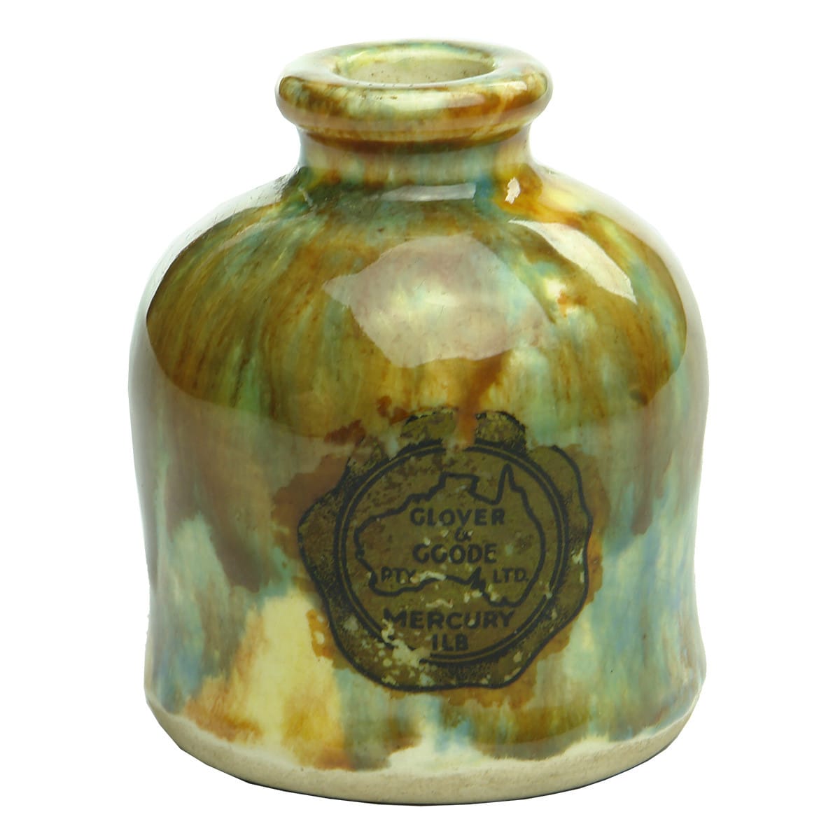 Dental Mercury Jar. Pinch Waisted shape. Majolica Brown Green Blue Yellow.