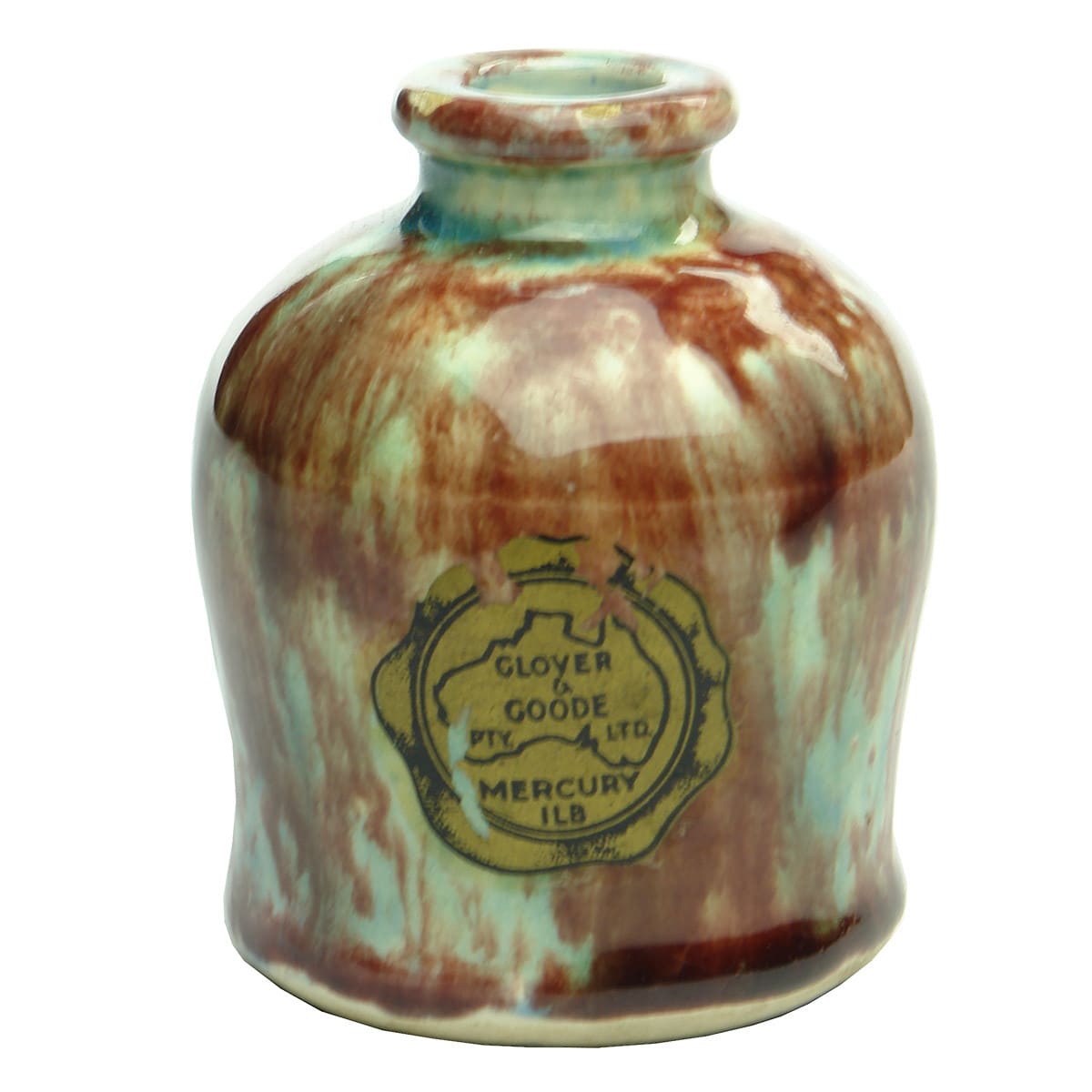 Dental Mercury Jar. Pinch Waisted shape. Majolica Red, Blue Yellow.