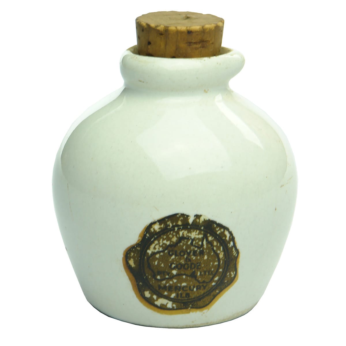 Dental Mercury Jar. White. Fowler ware. Glover & Goode label.