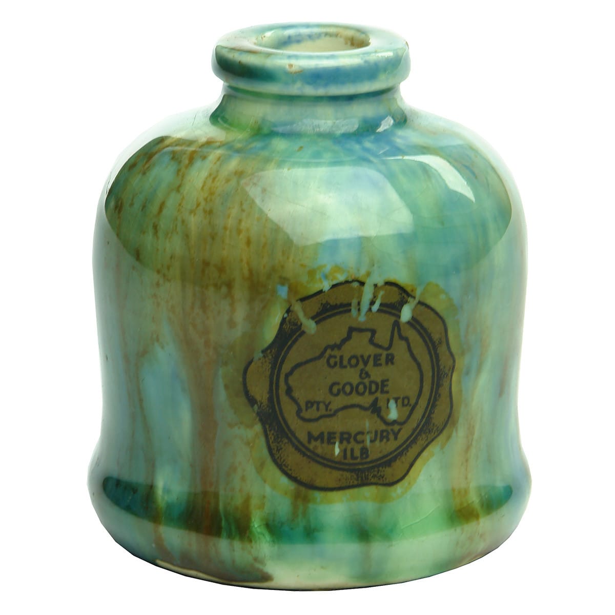 Dental Mercury Jar. Pinch Waisted shape. Majolica Mostly Blue with brown green & yellow.