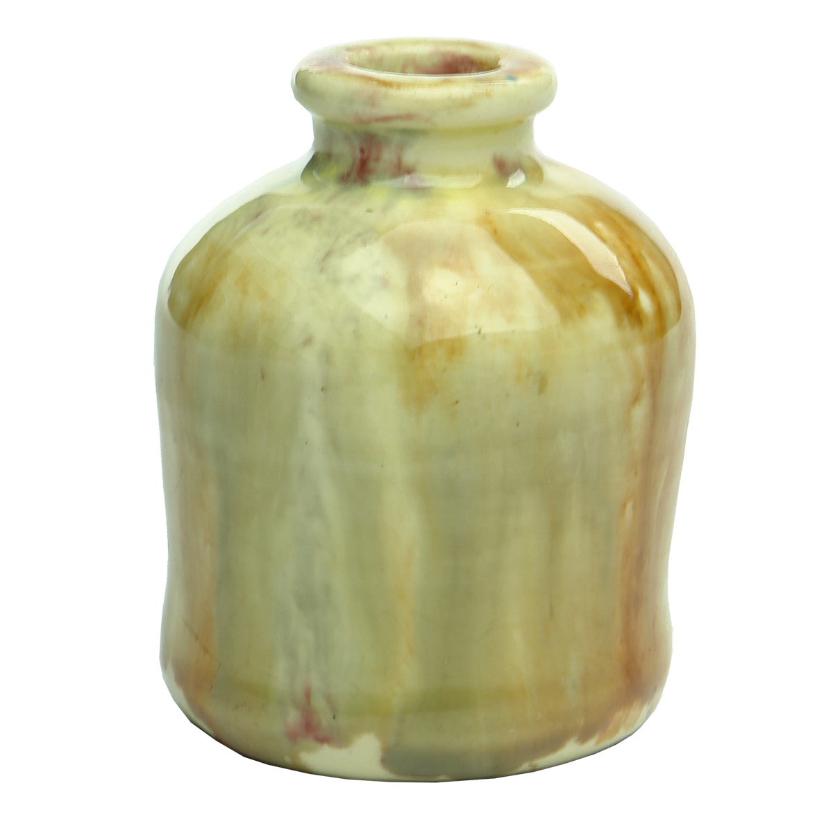 Dental Mercury Jar. Pinch Waisted shape. Majolica Brown & Yellow with red streaks.