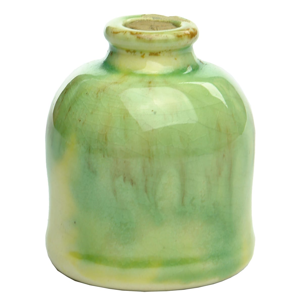 Dental Mercury Jar. Pinch Waisted shape. Majolica Green & Yellow with some brown drips.