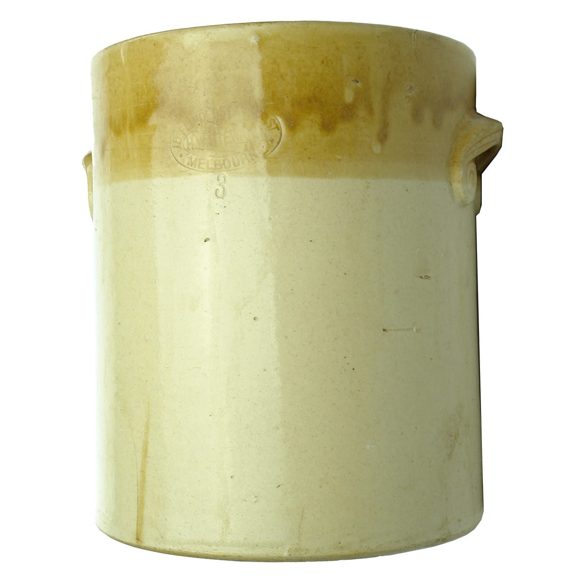 Stoneware Crock. H. W. Steward, 15 Flinders Lane East, Melbourne. Double handle. Large size. (Victoria)