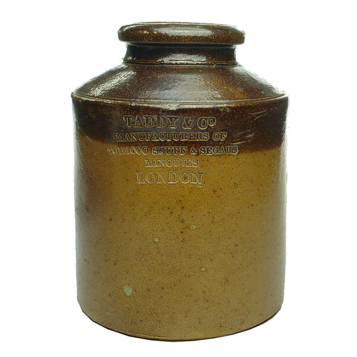 Tobacco. Taddy & Co, London. Round, Salt Glaze Jar. Doulton. (United Kingdom)