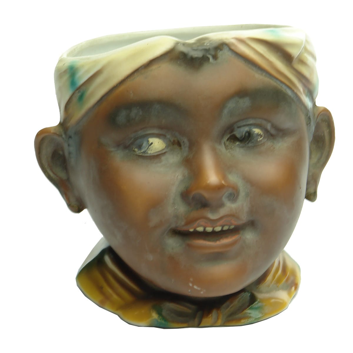 Tobacco Jar. Moulded ceramic of a boys head wearing a turban or similar. No lid.