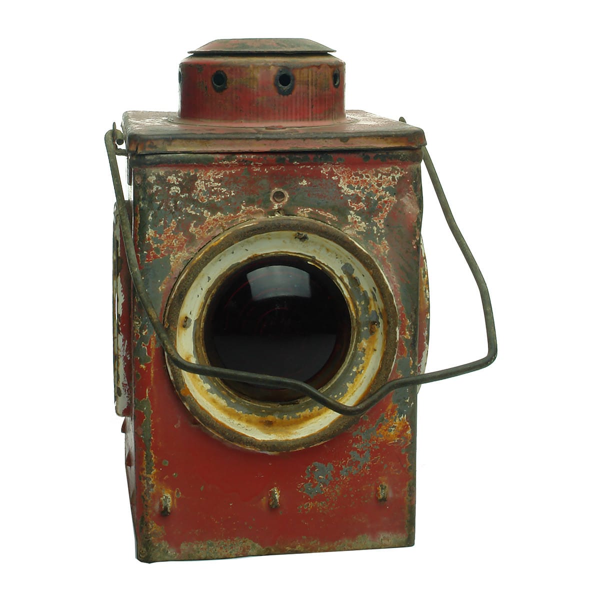 Lamp. Metal Railway lantern. Red glass lenses. Brass lamp inside. Square body.