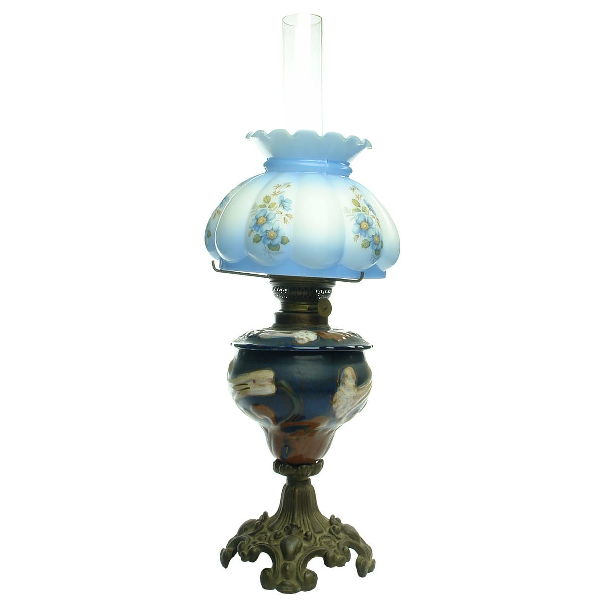 Lamp. Pottery Kerosene Lamp with brass base and vaseline floral shade.