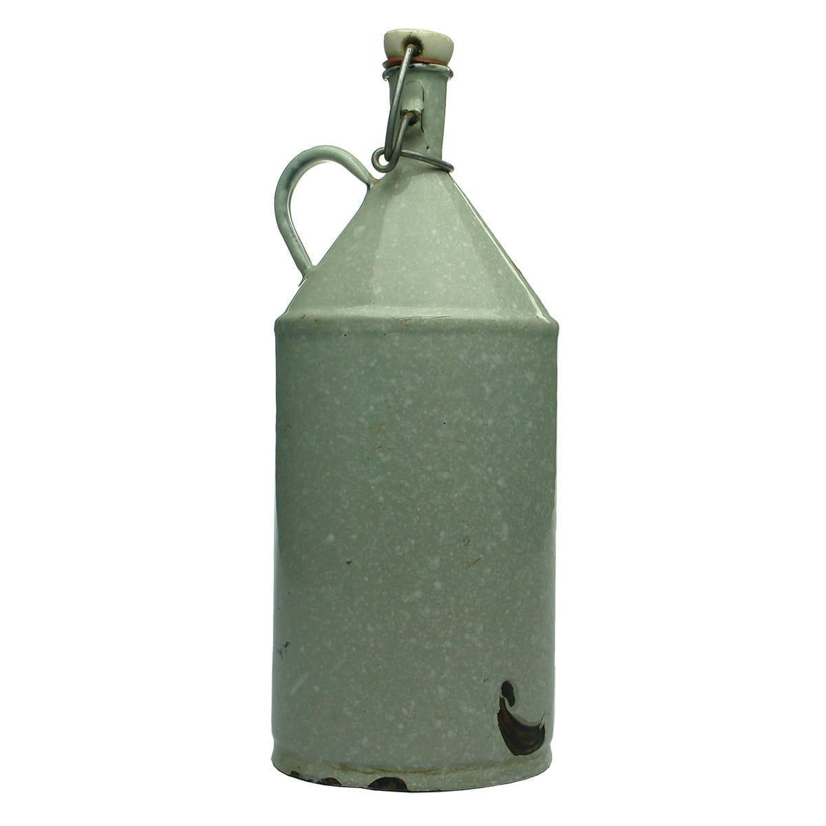 Enamel oval bottle with handle. Narrow neck with purpose built lightning stopper lugs.