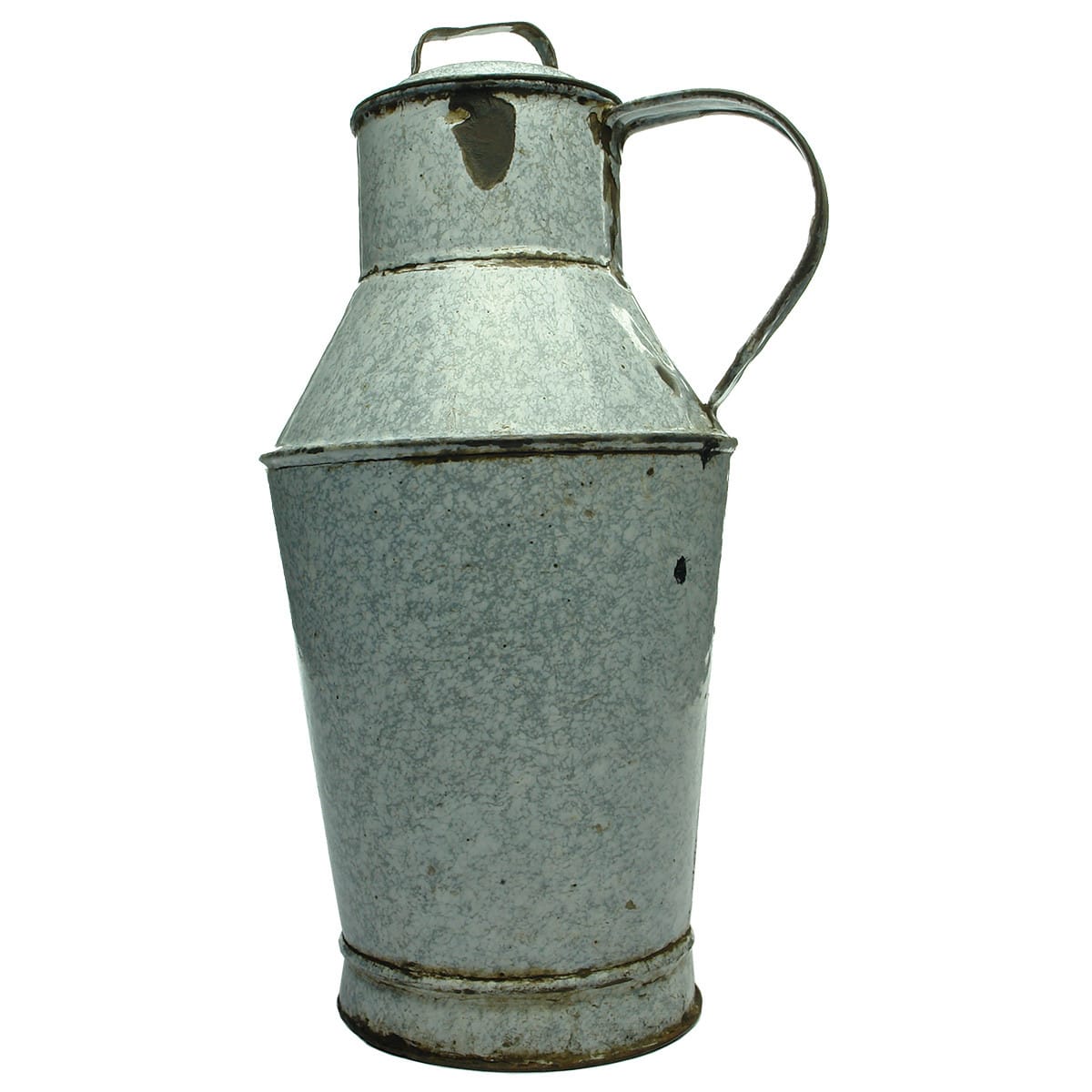 Large Enamel Jug with handle and lid. Fancy shape. Looks early.