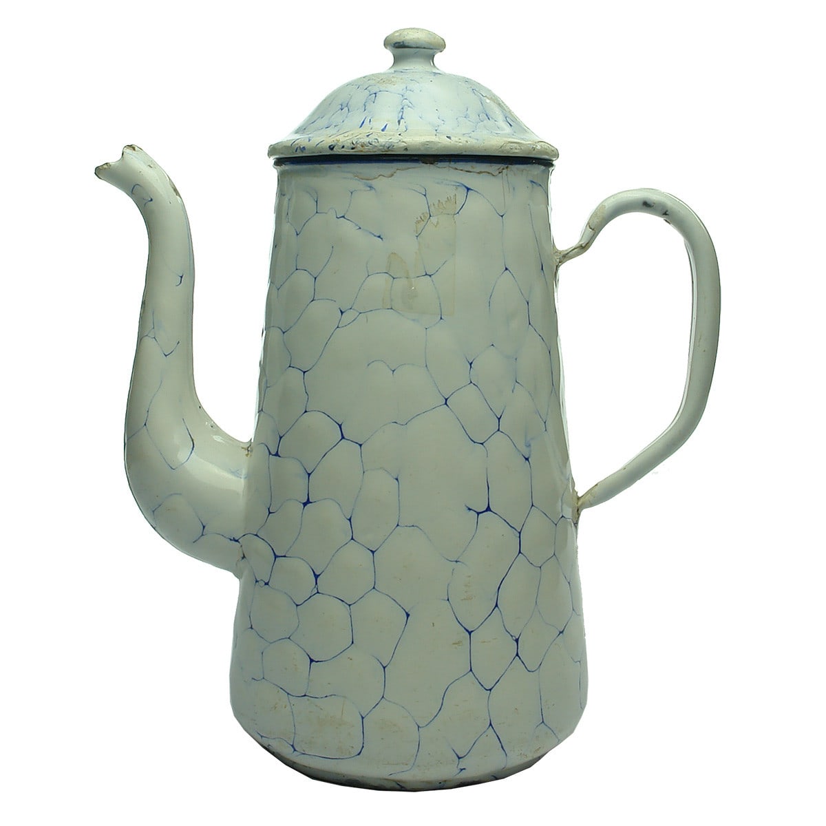 Enamel Coffee Pot. Interesting mottled blue & white pot.