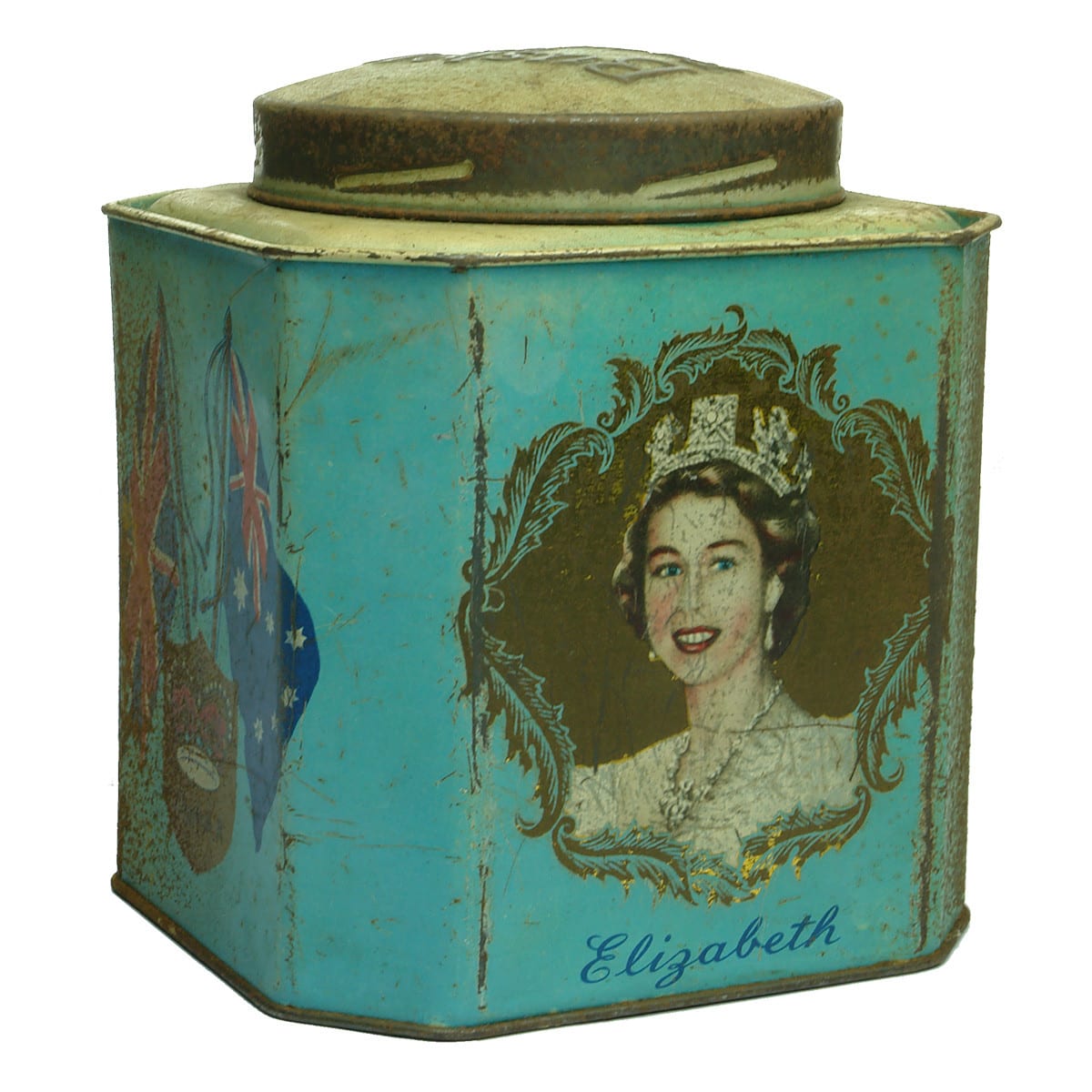 Tin. Bushell's, Tea of Flavor. Queen Elizabeth and Prince Philip. 1 Pound.