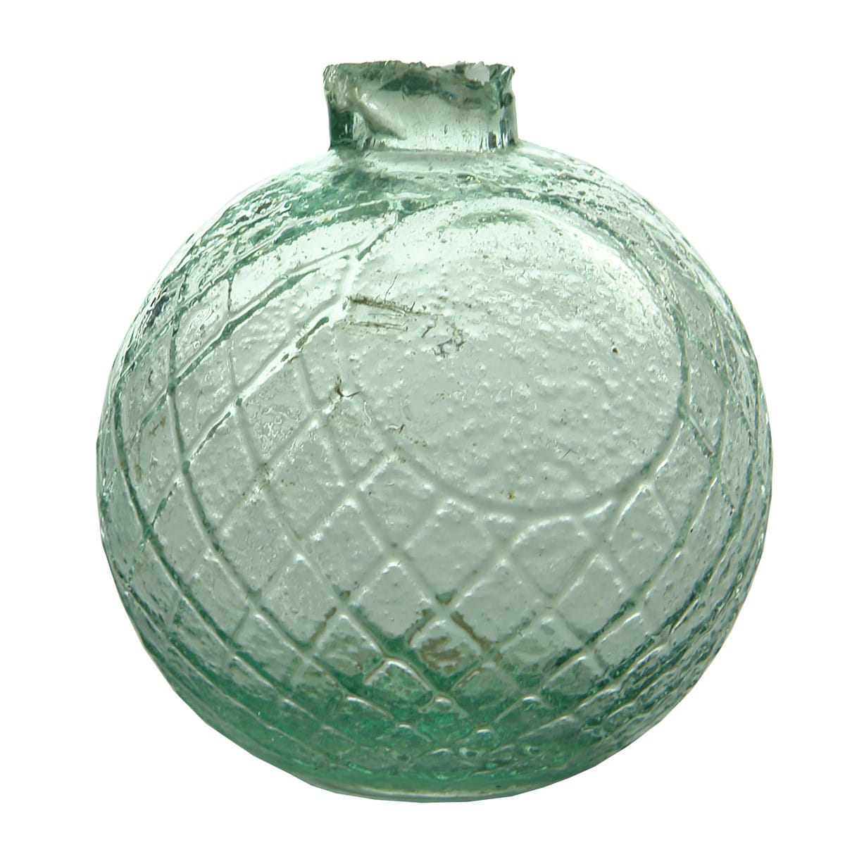 Glass Target Ball. Aqua. Flat Base. Criss Cross pattern with blank circles on either side.