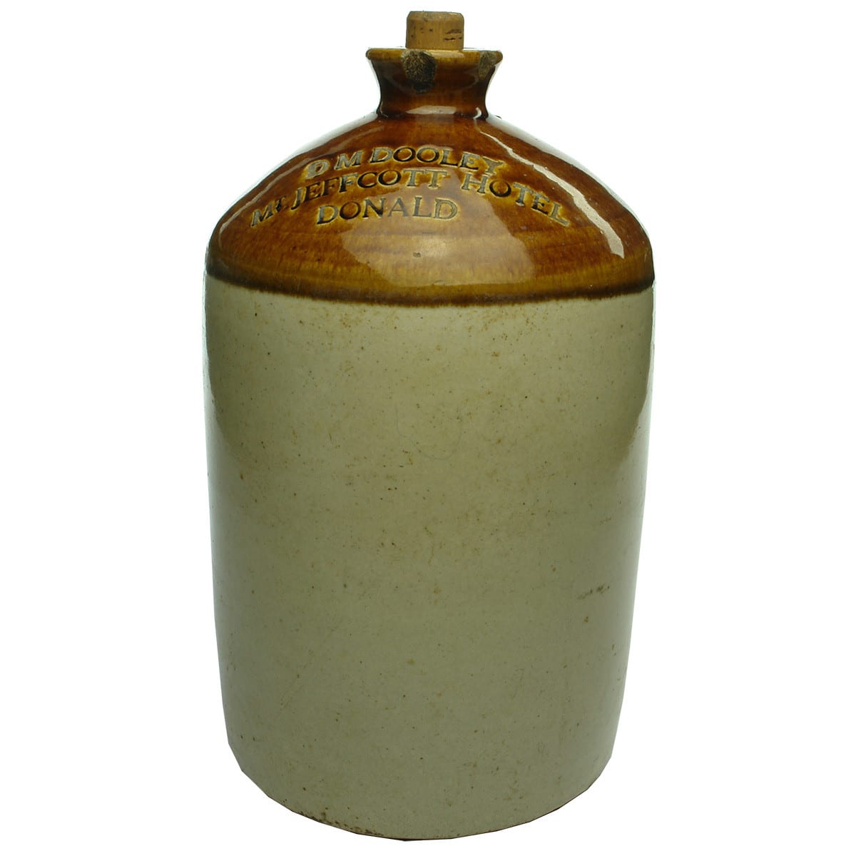 Demijohn. D. M. Dooley, Mt Jeffcott Hotel, Donald. Impressed. Tan Top. 1 Gallon. (Victoria)