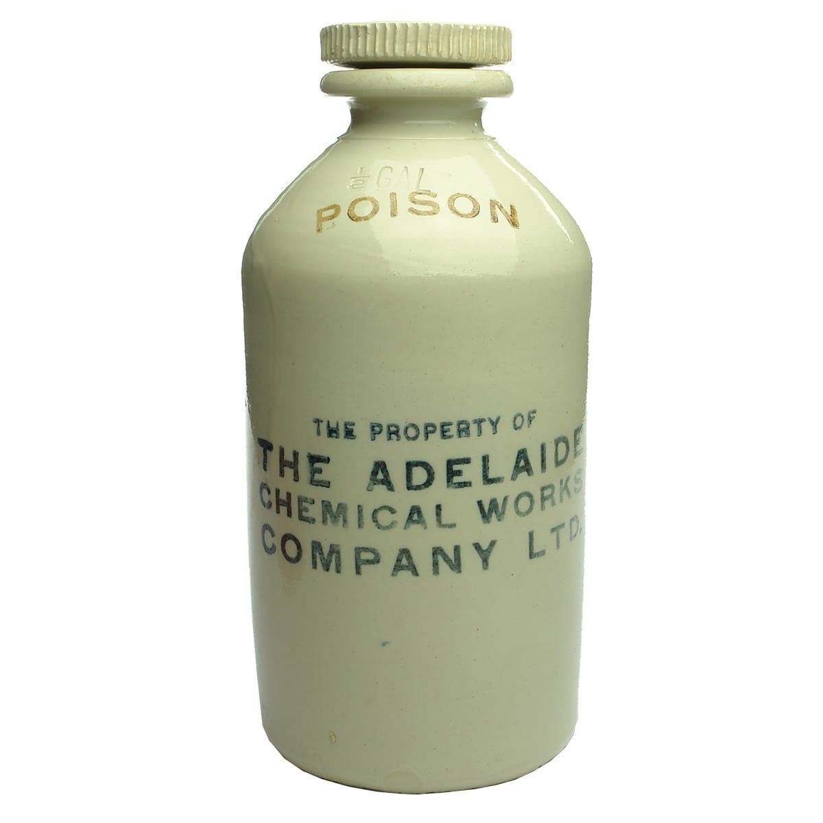 Demijohn. The Adelaide Chemical Works Company Ltd. Poison. Half Gallon. All White Internal Thread. (South Australia)