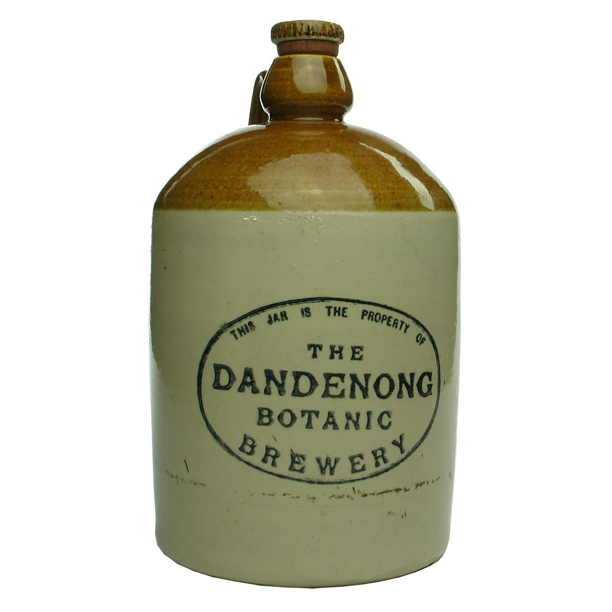 Demijohn. The Dandenong Botanic Brewery. Bendigo Pottery. Internal Thread. Half Gallon. (Victoria)