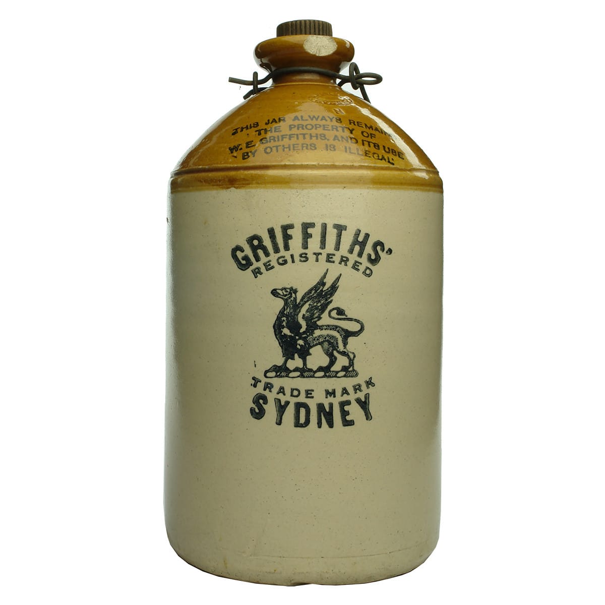 Demijohn. W. E. Griffths, Sydney. Griffin. Internal Thread. Tan Top. Gallon. (New South Wales)