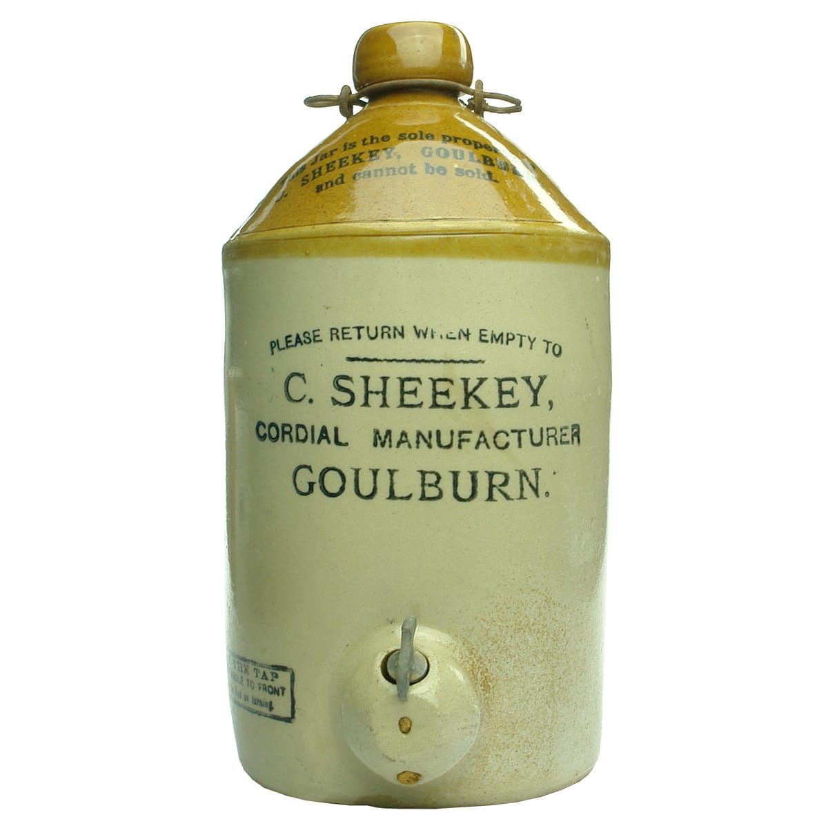 Demijohn. C. Sheekey, Cordial Manufacturer, Goulburn. Pearson Pottery. Tap. (New South Wales)