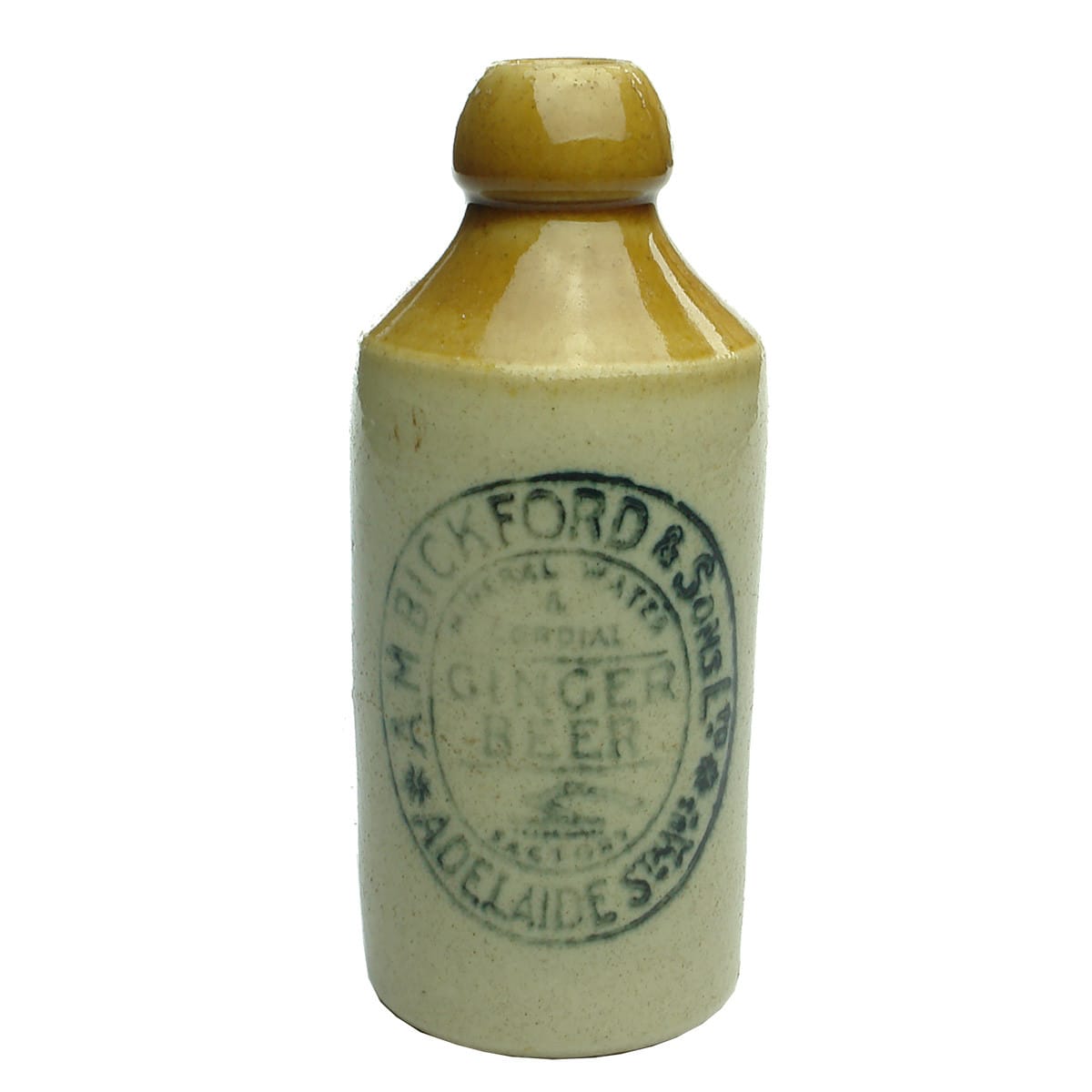 Ginger Beer. A. M. Bickford & Sons Ltd, Adelaide. Cork stopper. Tan top. 10 oz. (South Australia)