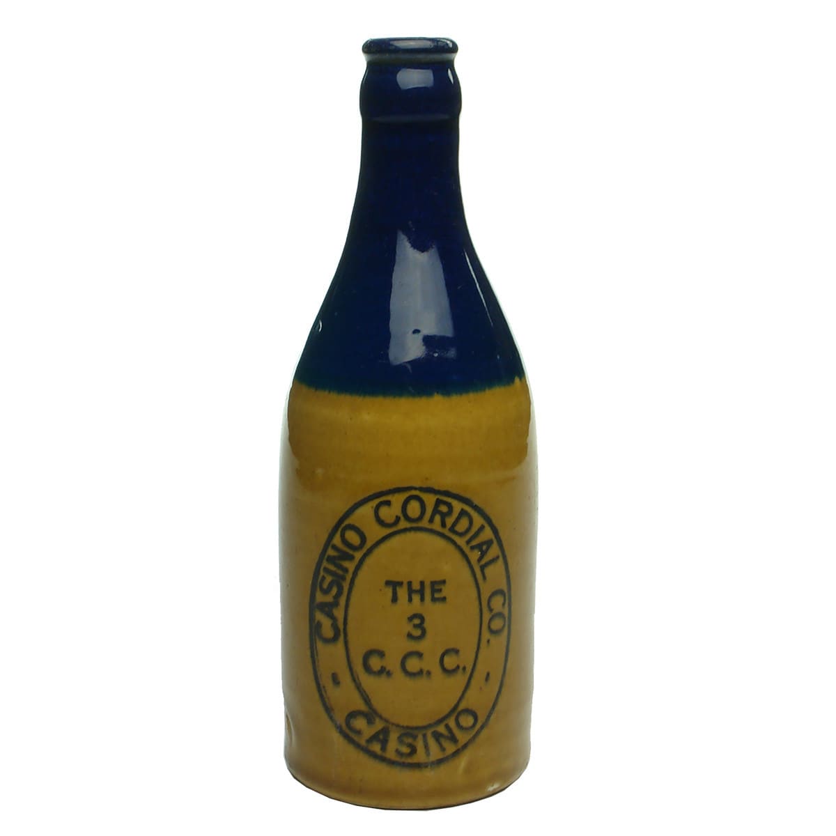 Ginger Beer. Casino Cordial Co. Blue top, tan body. Crown Seal. (New South Wales)