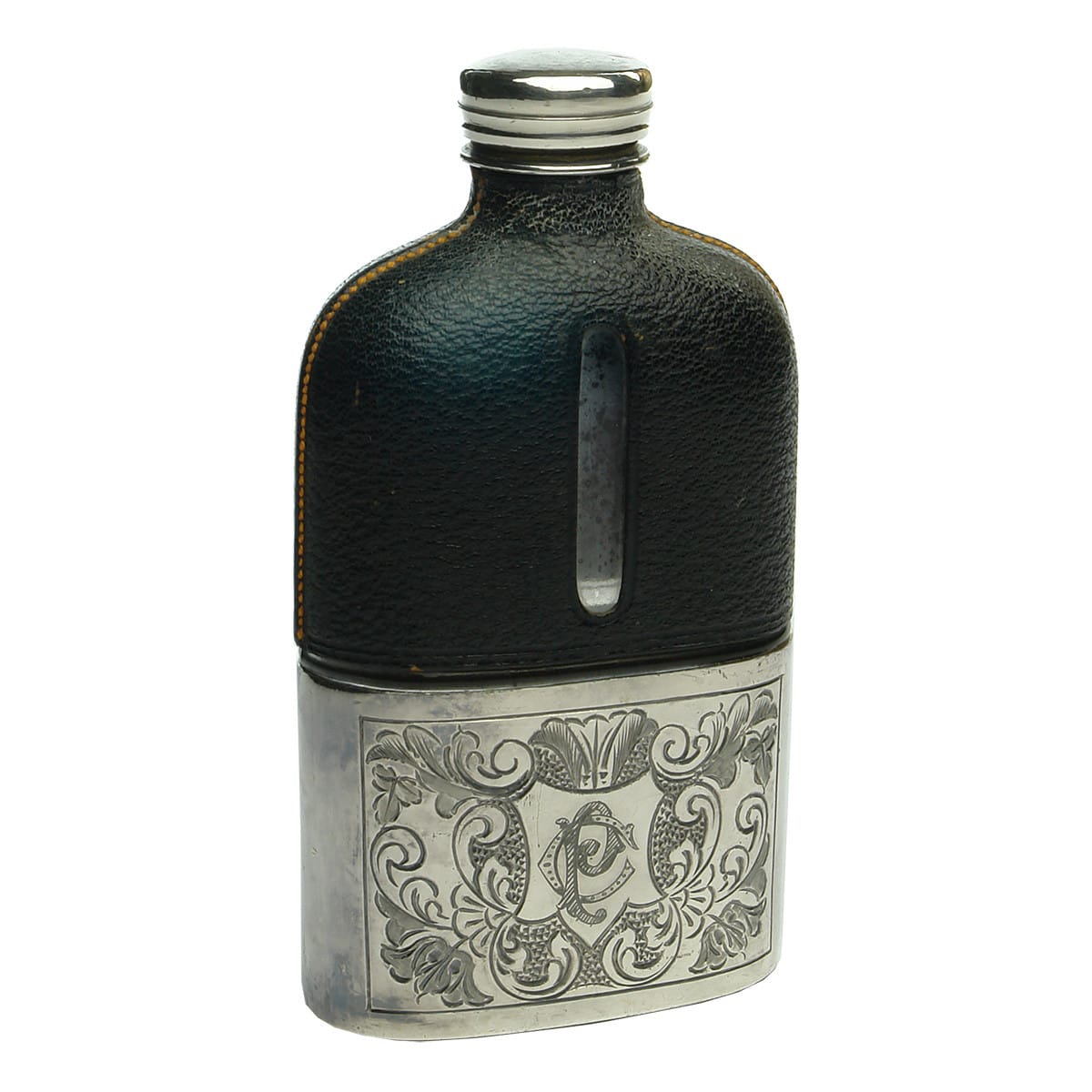 Pocket Whisky Flask. Silver cap, base. Leather shoulder guard. PC Monogram.