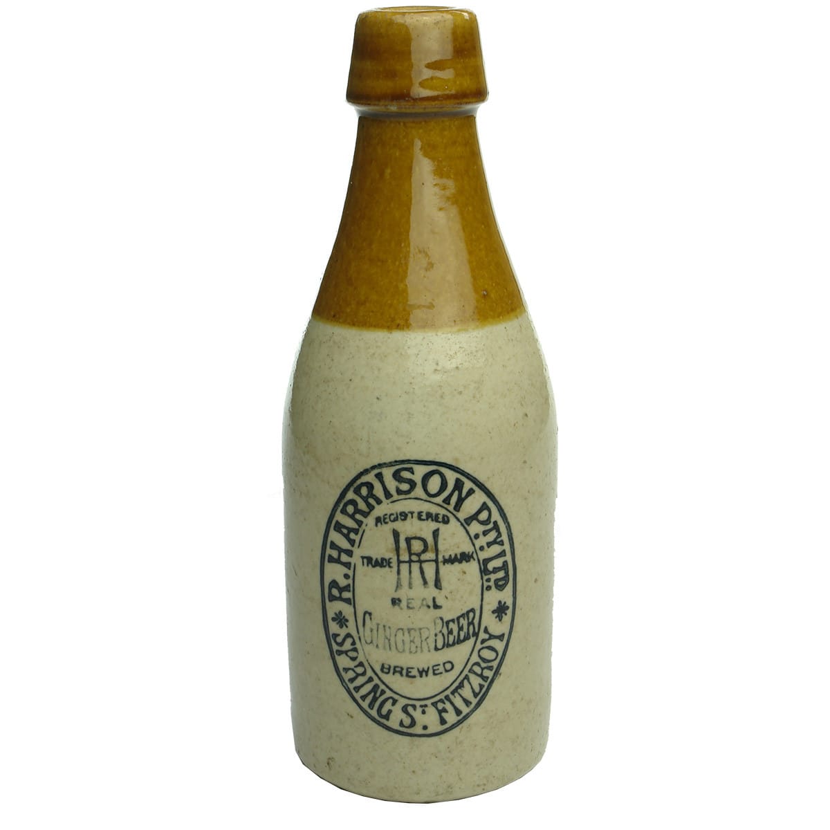 Ginger Beer. R. Harrison Pty Ltd. Real Brewed. Spring St., Fitzroy. Tan Top. (Victoria)