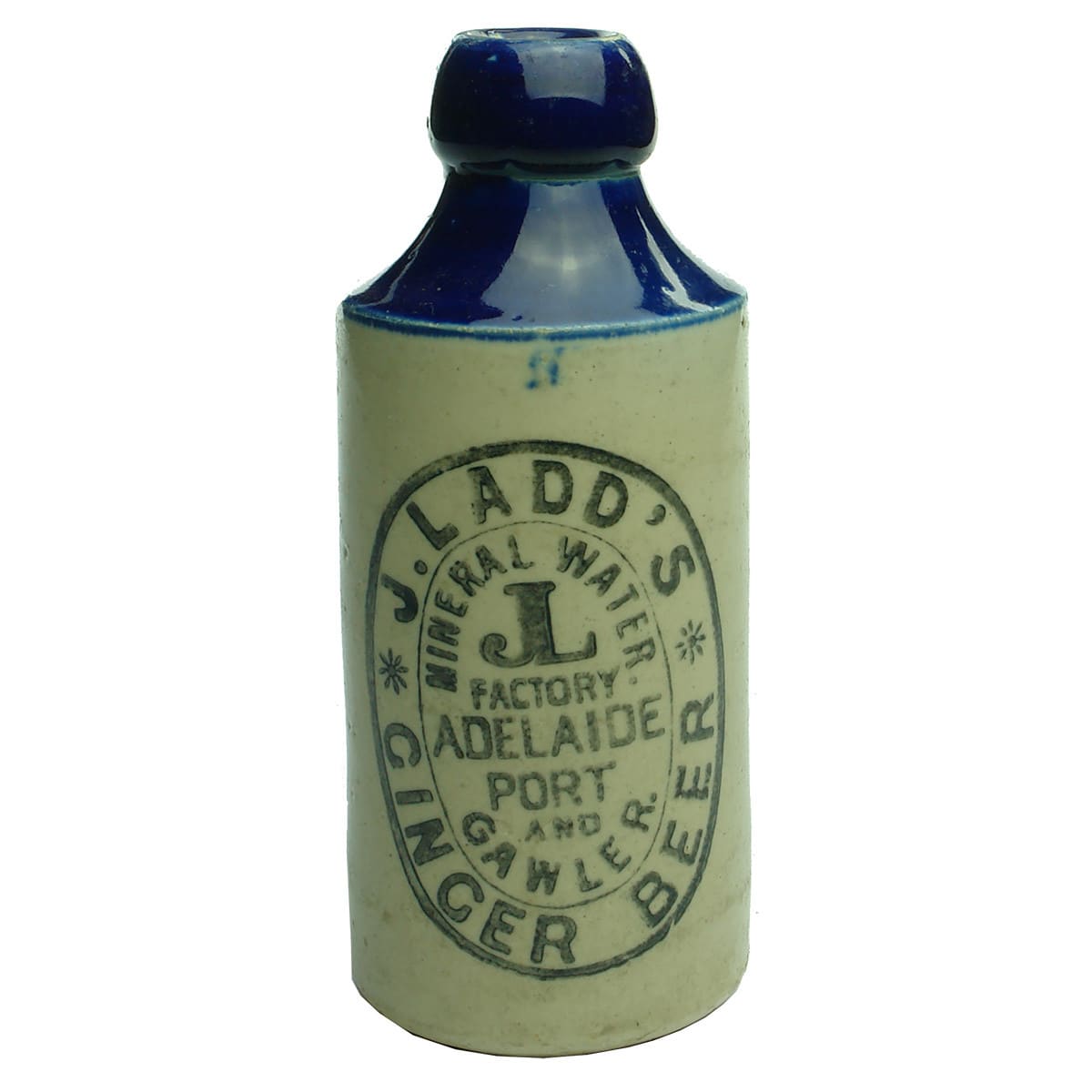 Ginger Beer. J. Ladd's, Adelaide, Port and Gawler. Cork stopper. Blue Top. R. Fowler. 10 oz. (South Australia)