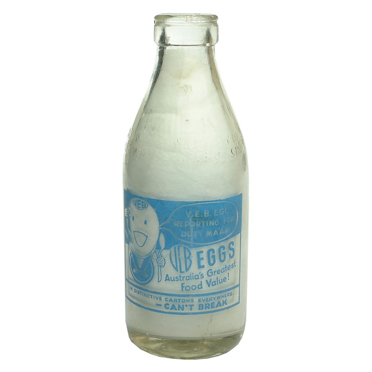 Milk. Advertising VEB Eggs. Milk Bottles Recovery. Light Blue Ceramic Label. Pint. (Victoria)