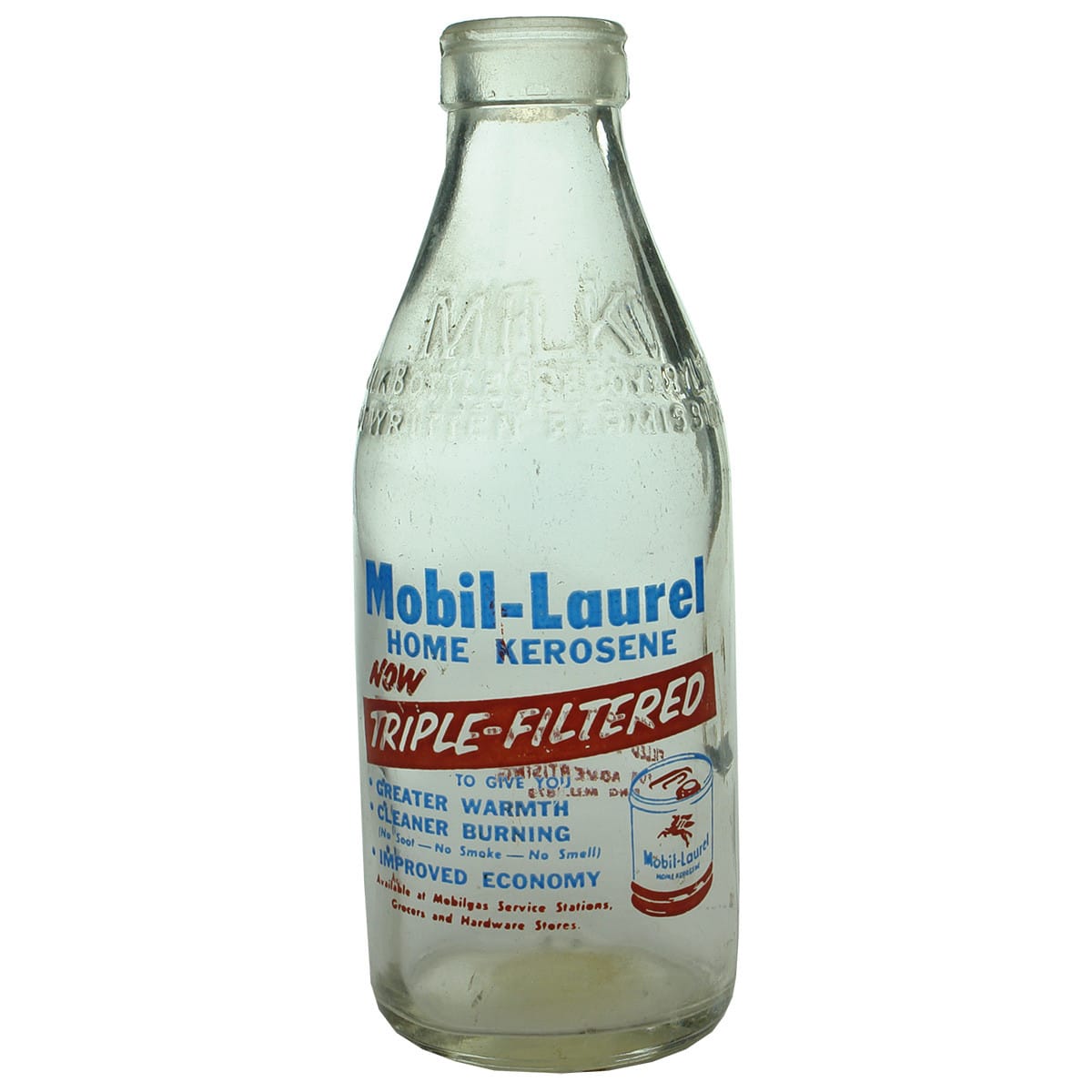 Milk. Mobil-Laurel Home Kerosene. Foil Top. Blue and red print. 1 Pint. (Victoria)