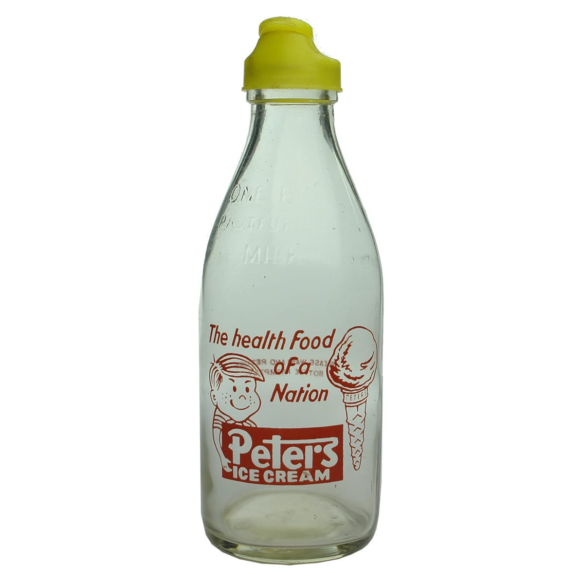 Ceramic Label Advertising Milk. Peters Ice Cream. Peters Creameries WA. Red Print. Pint. Snaithway plastic pourer. (Western Australia)