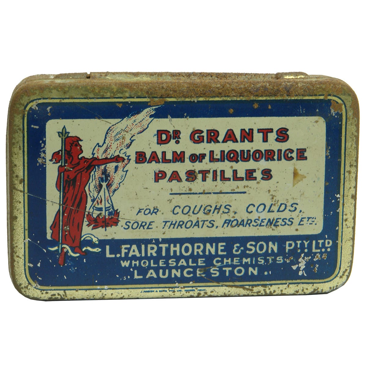 Chemist. Dr Grant's Balm of Liquorice Pastilles, Fairthorne, Launceston. Tin. Multicoloured. (Tasmania)