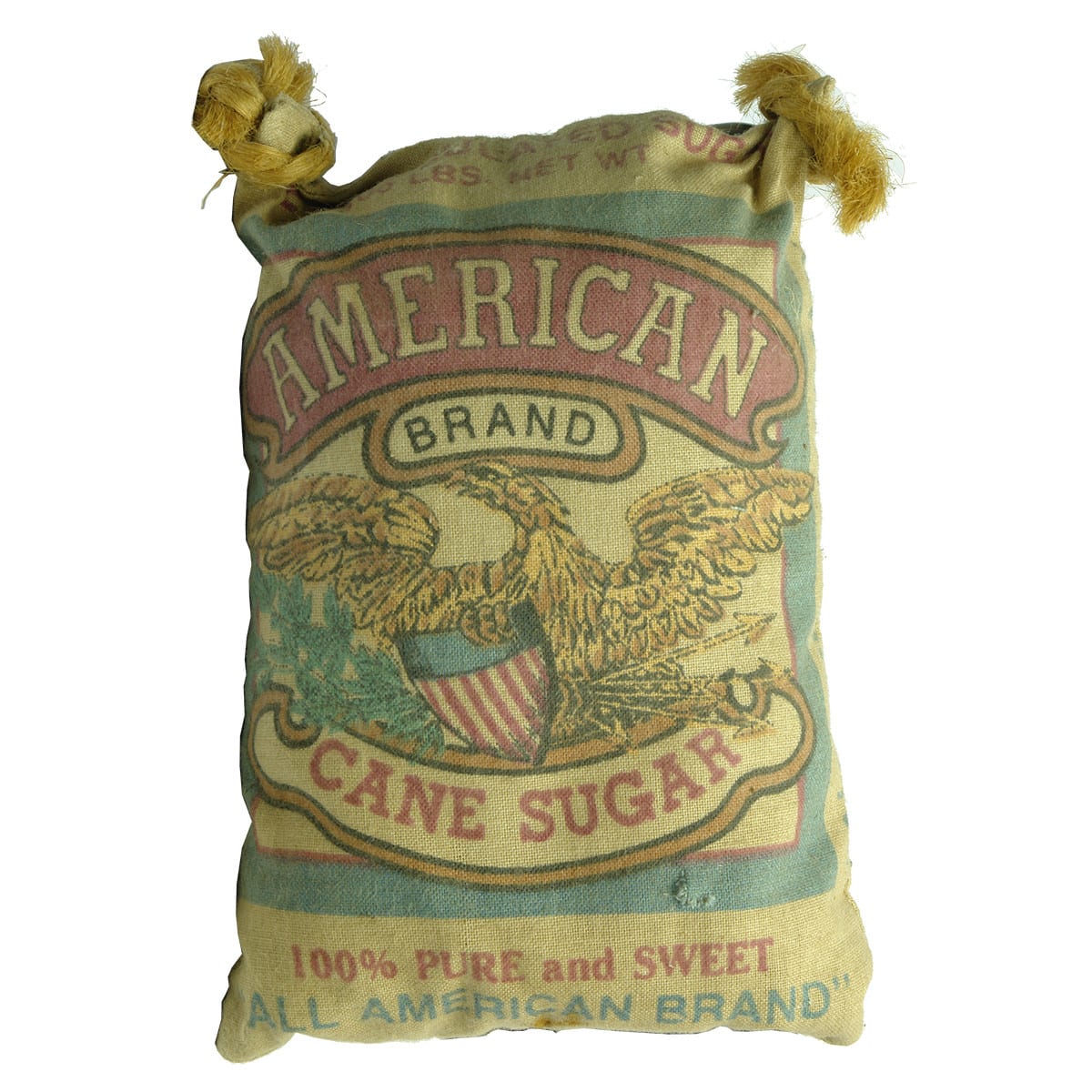 Miniature. American Brand Cane Sugar Advertising Cotton Sack, Fancy Blue Ribbon Calico Cat to rear.