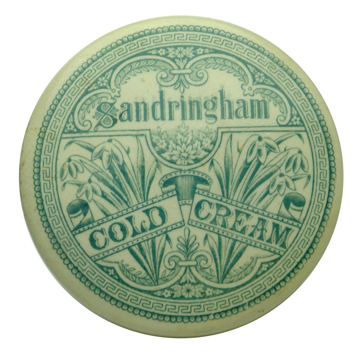 Pot Lid. Sandringham Cold Cream. Green Print. (United Kingdom)