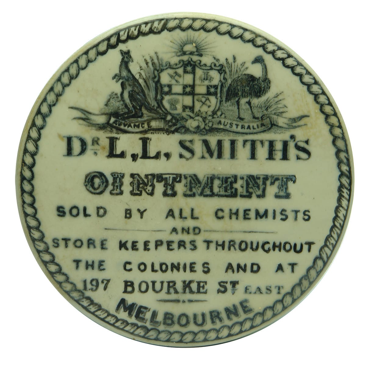 Pot Lid. Dr. L. L. Smith's Ointment, Melbourne. Coat of Arms. No base. (Victoria)