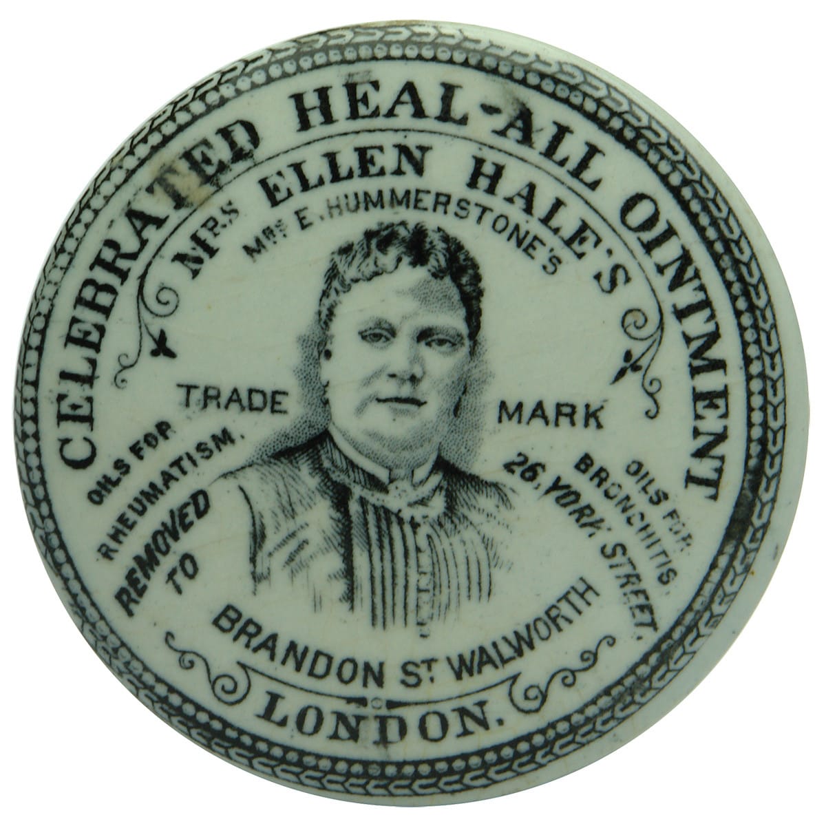 Pot Lid. Ellen Hale's Heal-All Ointment. Black & White. (United Kingdom)
