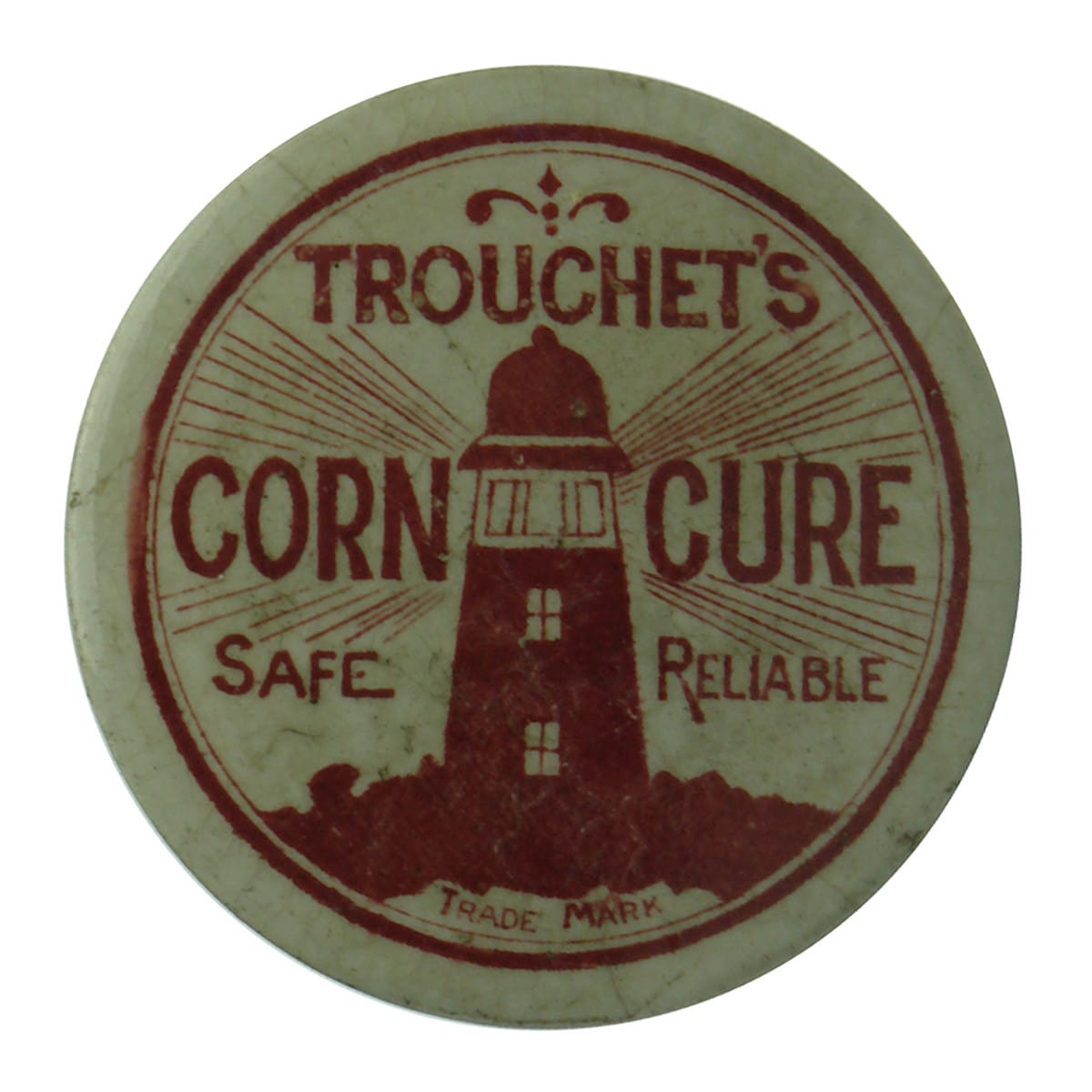 Pot Lid. Trouchet's Corn Cure. Lighthouse. Red Print. (Western Australia)