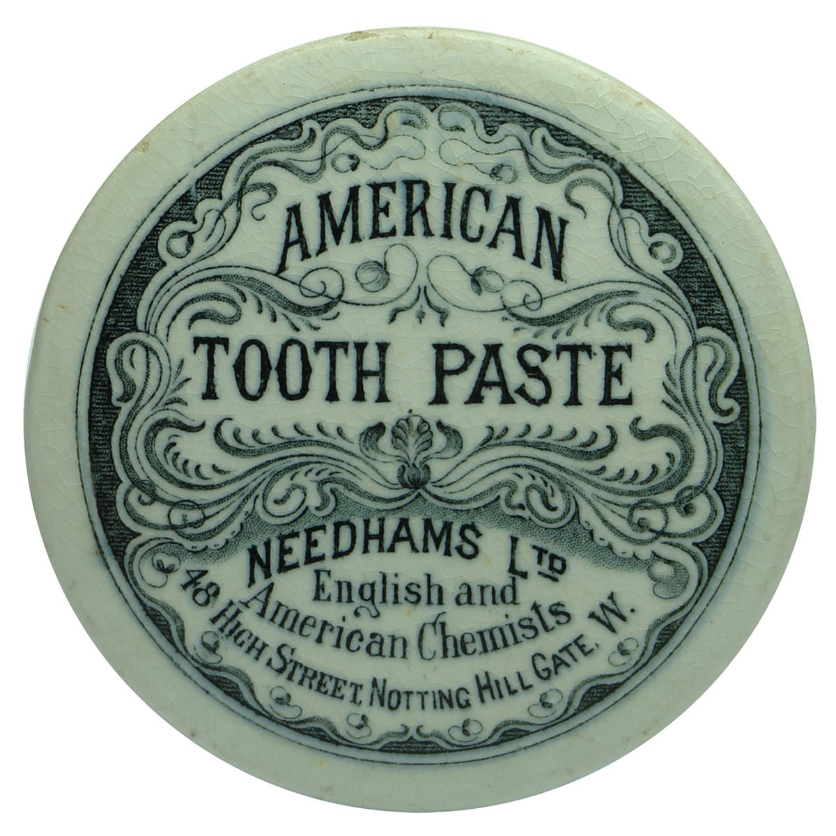 Pot Lid. Needhams Ltd, American Tooth Paste, Notting Hill Gate. (United Kingdom)