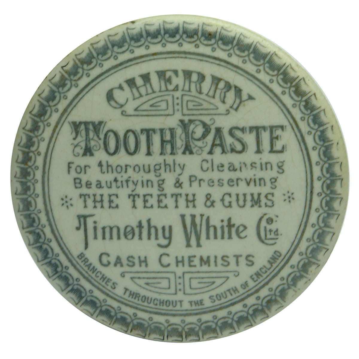 Pot Lid. Timothy White Co Ltd, Cherry Tooth Paste. (United Kingdom)