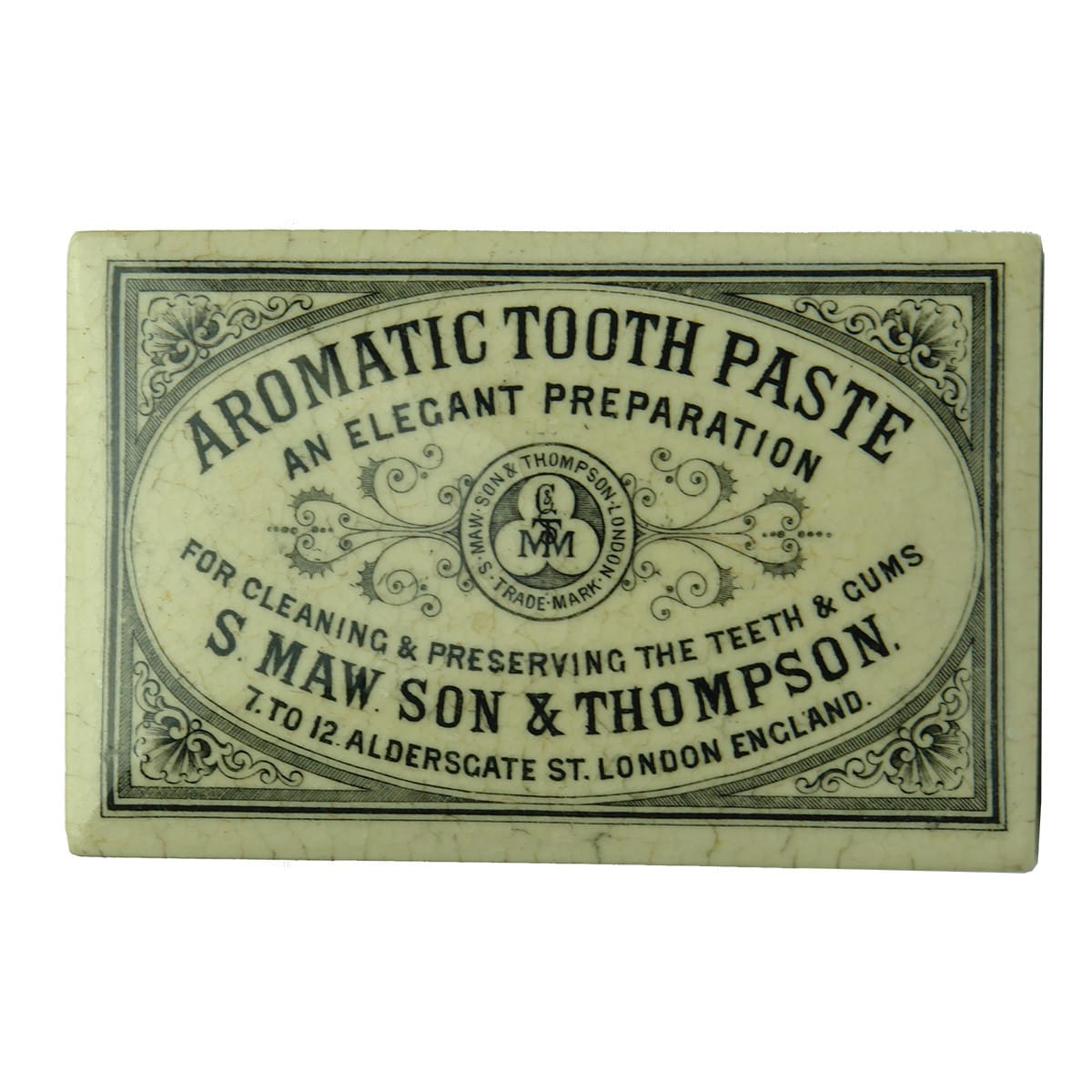 Pot Lid. S. Maw, Son & Thompson, Aldersgate St., London. Aromatic Tooth Paste. Large rectangular lid.