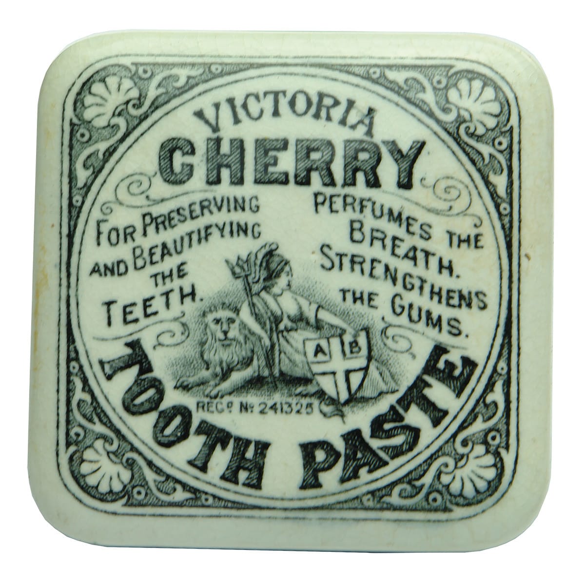 Pot Lid. Victoria Cherry Tooth Paste. Lion. Britannia. Shield. Square.