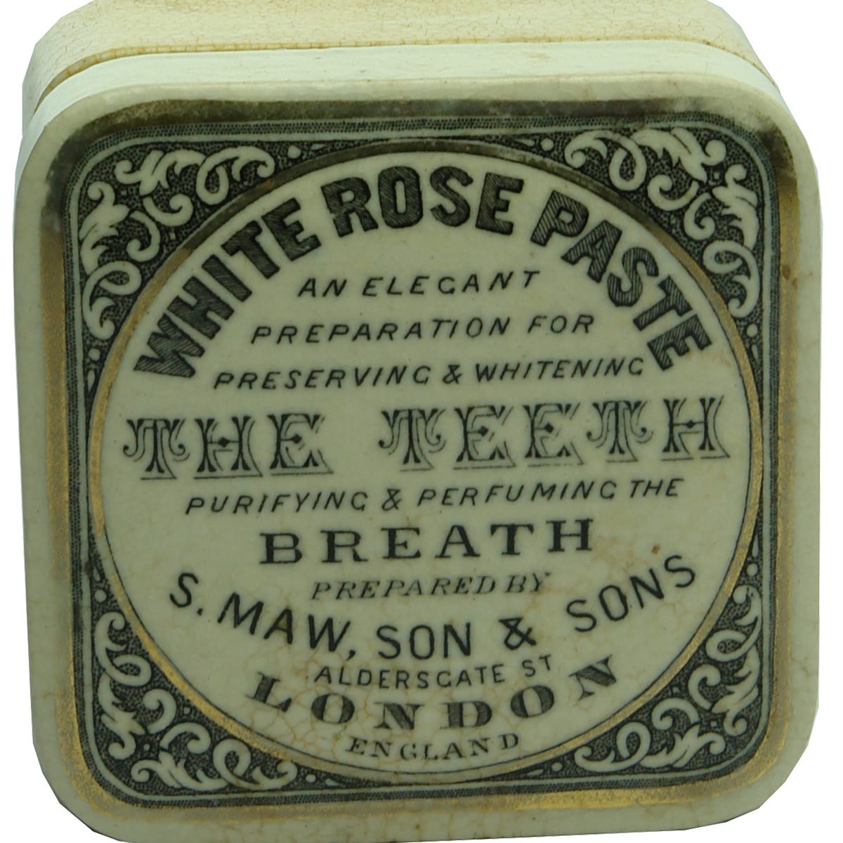 Pot Lid. S. Maw, Son & Sons. White Rose Paste. Square. With Base.