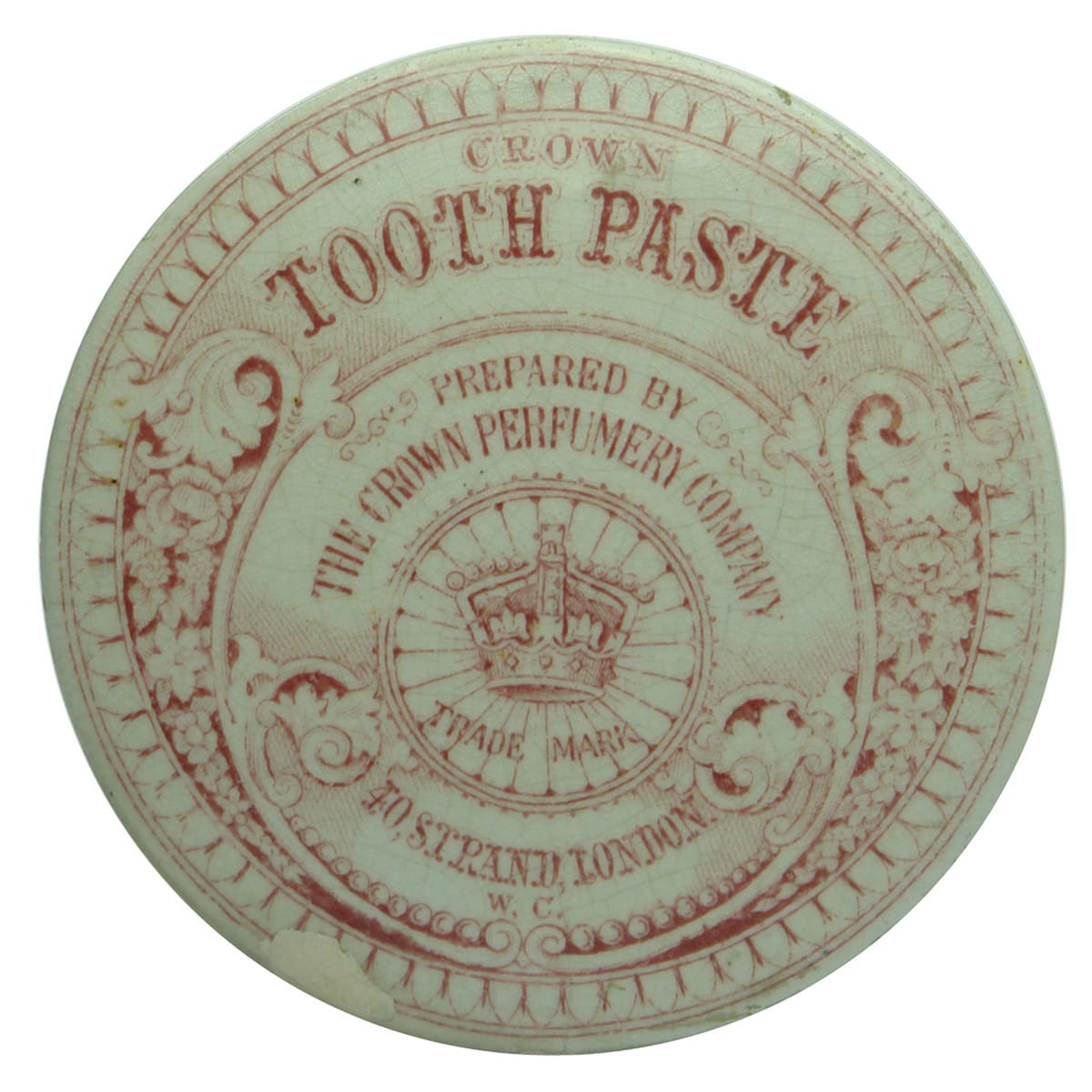 Pot Lid. Crown Perfumery Tooth Paste, London. Red Print. Registration Diamond. (United Kingdom)