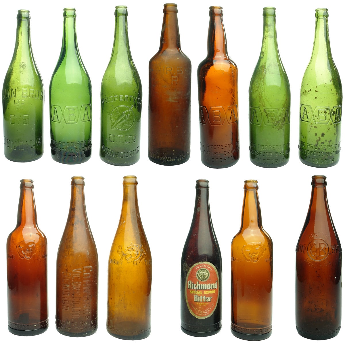 13 Different Victorian Crown Seal Beers: 4 x Abbotsford Brewery ABA; 1 x OT; 3 x Cohn Bros; 5 x Richmond Brewery including one labelled. (Victoria)