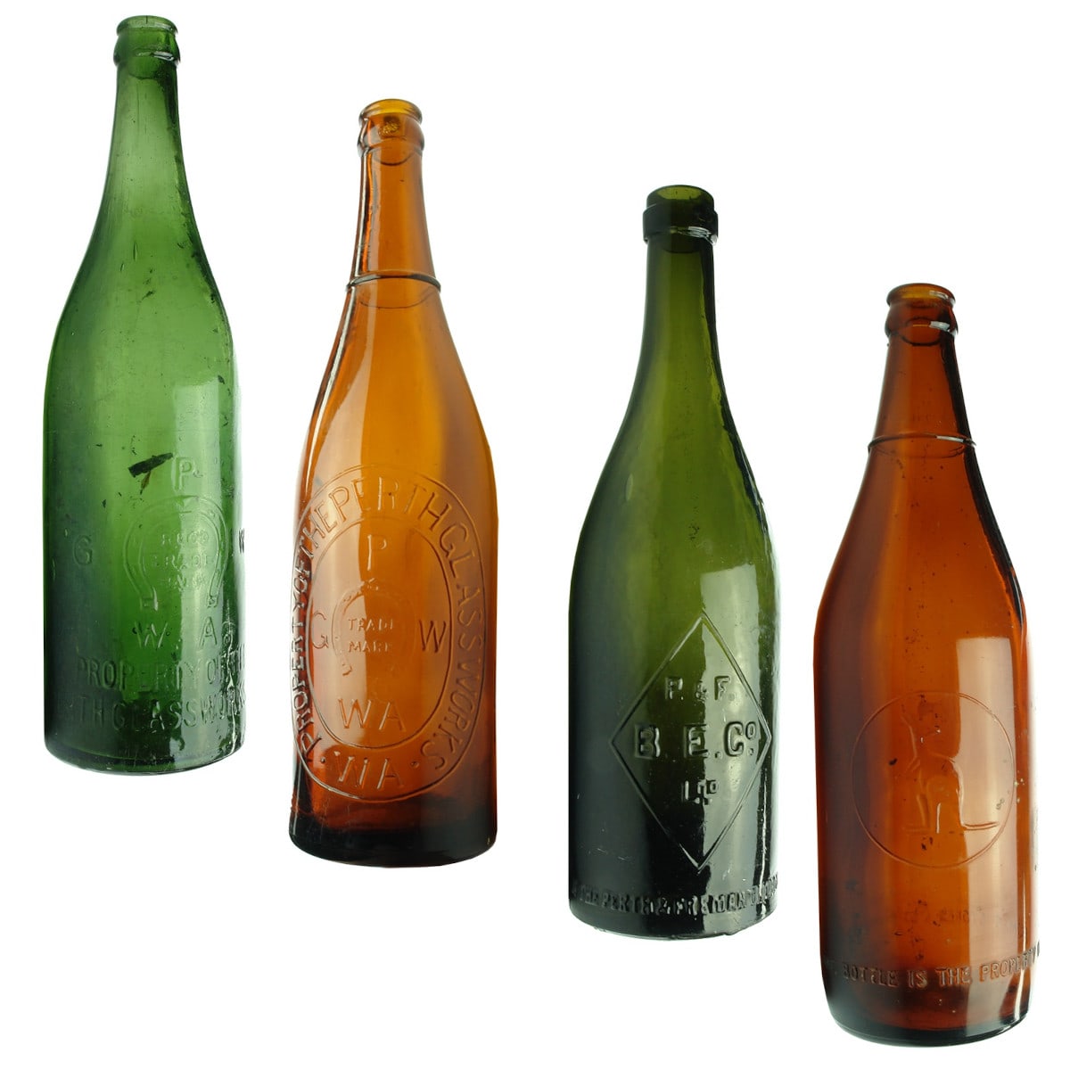 4 Western Australian Beer like bottles: 2 x Perth Glass Works; Perth & Fremantle Bottle Exchange; Thomas Stokes Bunbury. (Western Australia)
