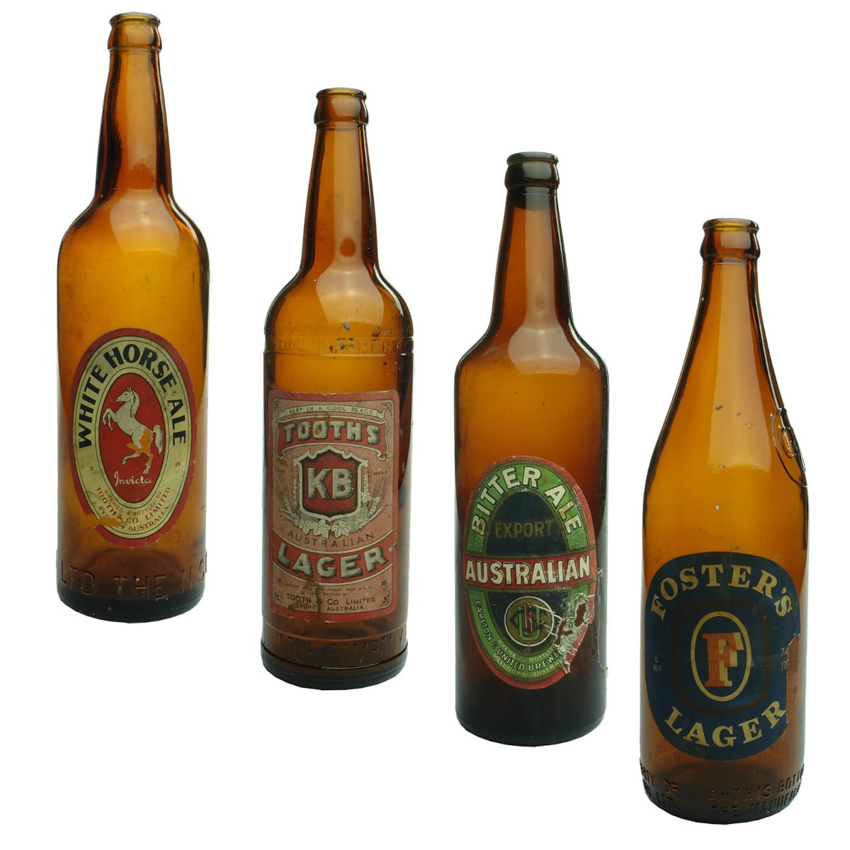 4 labelled Crown Seal Beers: White Horse Ale; KB Lager; Australian Export Bitter Ale; Foster's Lager. (Tooth & Co and CUB) (New South Wales & Victoria)