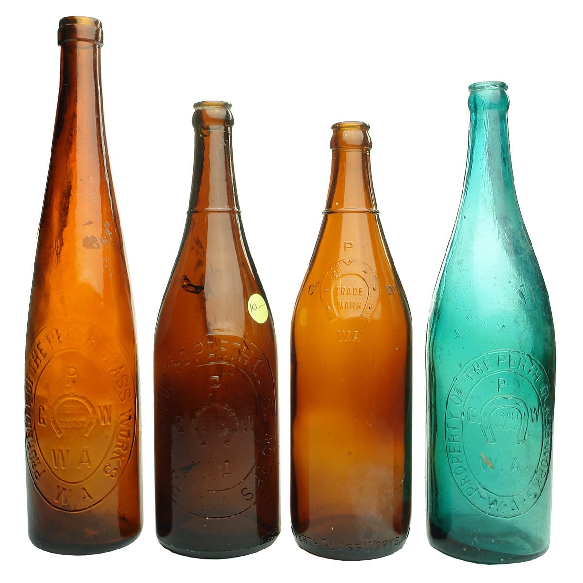 4 Perth Glassworks Bottles. Greenish Blue crown seal; Tall ring seal; Later Crown Seal and Very modern crown seal. (Western Australia)