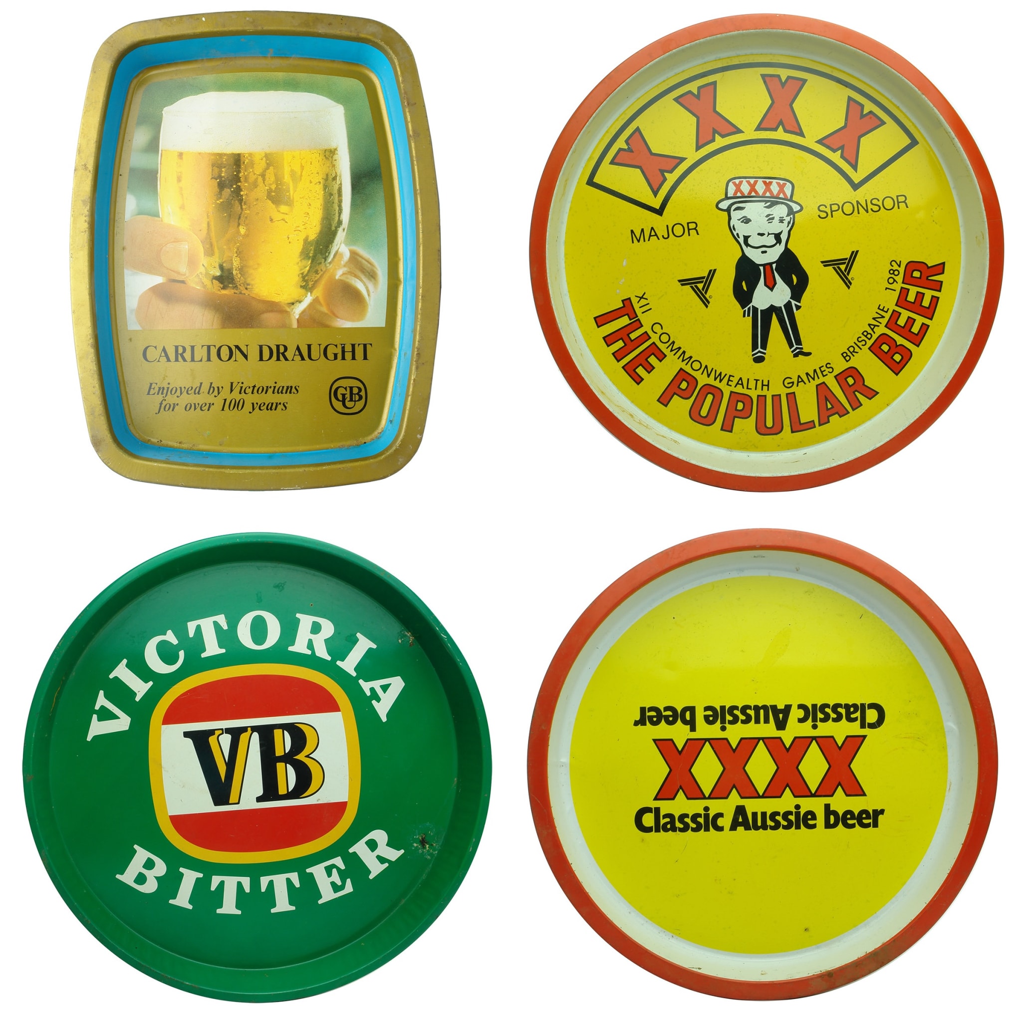 4 Beer Advertising Serving Trays: Carlton Draught; XXXX; XXXX 1982 Commonwealth Games; VB.